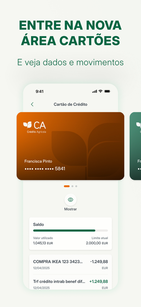 CA Mobile Empresas - Interfaz de la aplicación CA Mobile Empresas que muestra una tarjeta de crédito con historial de transacciones y detalles del saldo.
