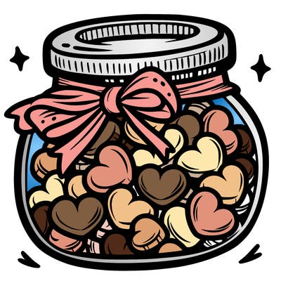 a jar filled with heart-shaped candies and a ribbon around the neck.