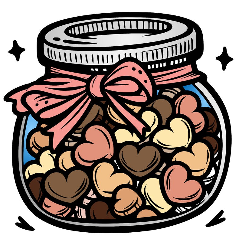 a jar filled with heart-shaped candies and a ribbon around the neck.