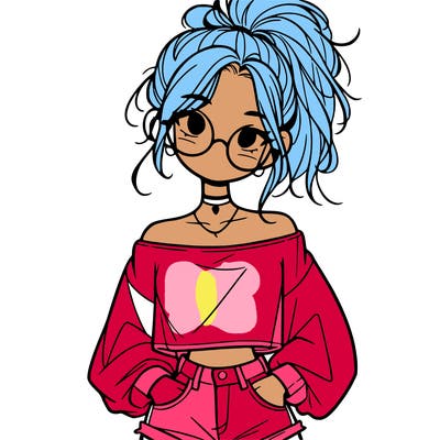 girl with a messy ponytail glasses a baggy crop top and jean shorts