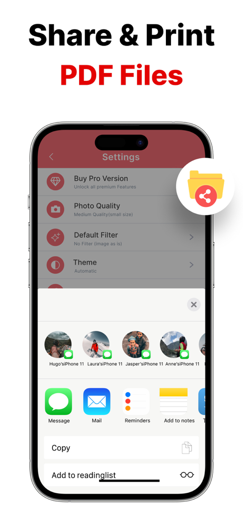 Photo to PDF - PicDoc - PicDoc app showing the iOS share sheet to share or print PDF files from an iPhone.