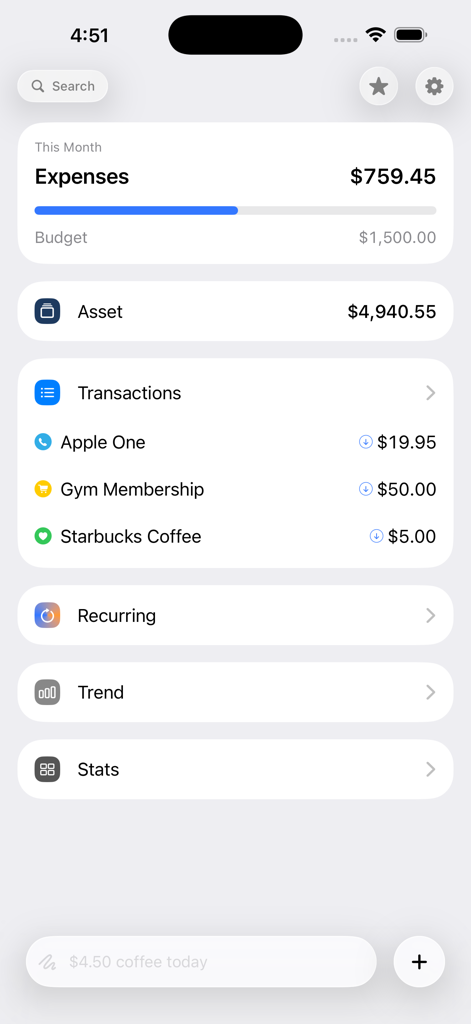 Flow: AI Expense Tracker - Dashboard of Flow AI Expense Tracker showing monthly expenses, budget progress, and recent transactions