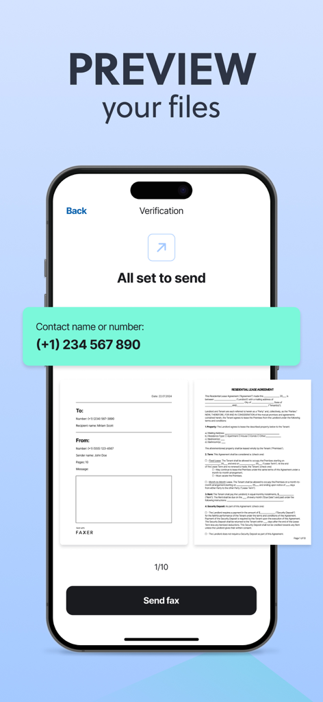 A mobile app screen previewing a residential lease agreement and cover page before sending a fax from an iPhone.