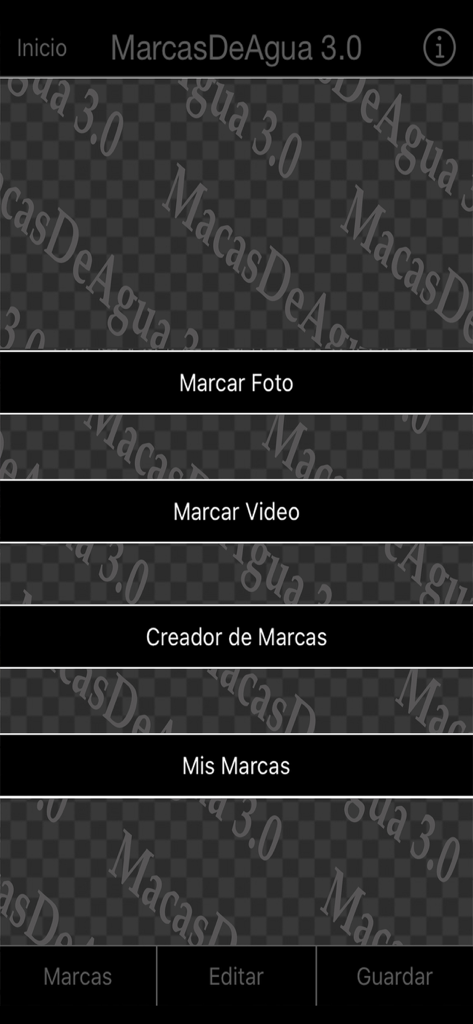 Menú principal de la aplicación Watermarks 3.0 mostrando opciones para marcar fotos y videos.
