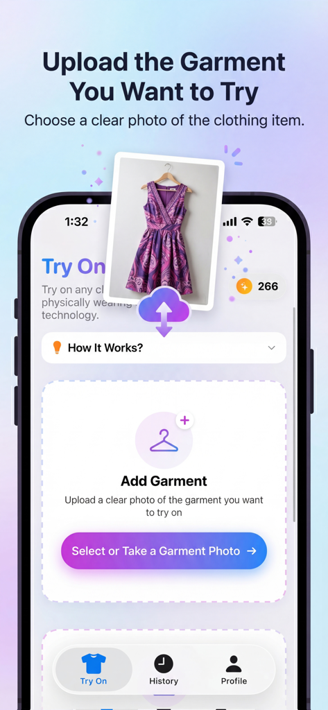 Try On: AI Clothes Changer - Interface of the Try On AI app showing the garment upload screen for virtual fitting.