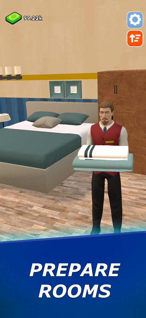 Hotel Manager: Resort Empire - A hotel manager carrying fresh towels to prepare a guest room