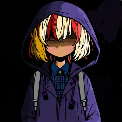 little anime girl in a raincoat her hair is covering her eyes she has a lighter