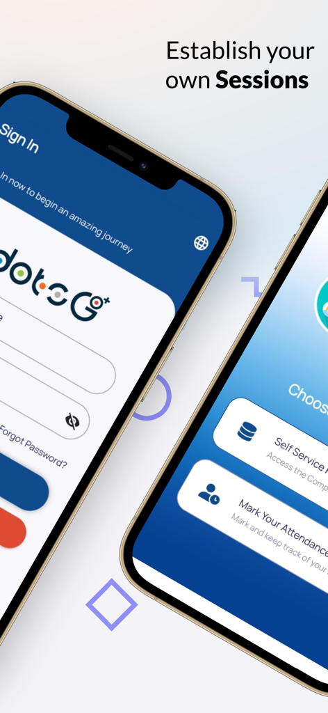 DOTS GO+ - DOTS GO+ mobile app interface showing the sign in screen and workforce management dashboard for marking attendance