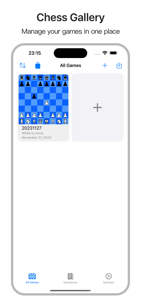 ChessBot app screen showing the chess gallery for managing saved games