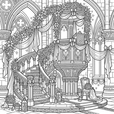 Step into a scene of timeless romance with this exquisite wedding cathedral pulpit coloring page. Adorned with intricate floral arrangements and elegant drapery, it's a perfect blend of sacred beauty and celebratory joy.