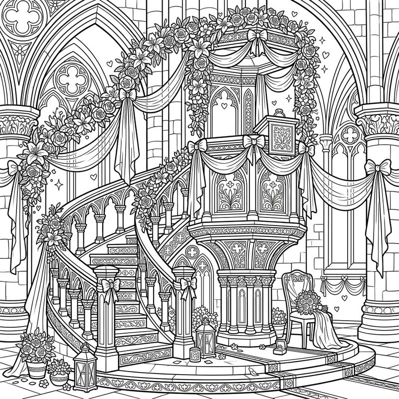 Step into a scene of timeless romance with this exquisite wedding cathedral pulpit coloring page. Adorned with intricate floral arrangements and elegant drapery, it's a perfect blend of sacred beauty and celebratory joy.