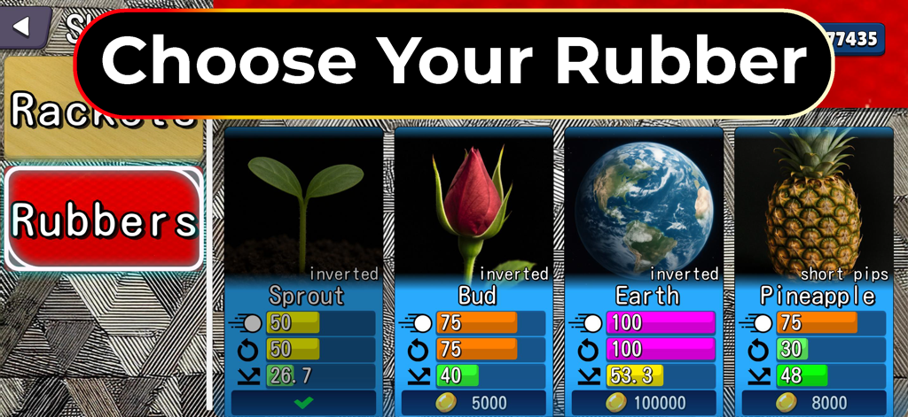 Ping Pong X: Realistic 2D Game - Table tennis racket rubber selection screen in Ping Pong X showing different equipment types and performance stats