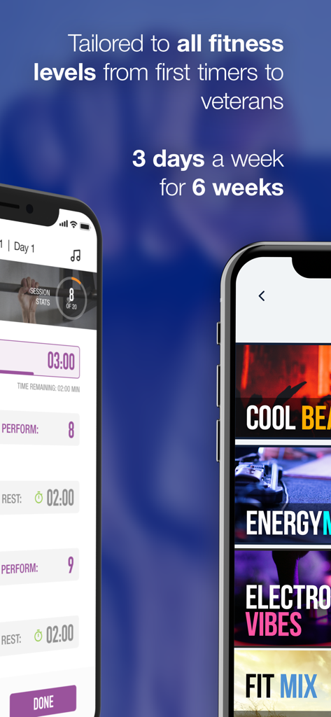 20 Pull Ups Trainer Challenge - 20 Pull Ups Trainerアプリのワークアウト回数追跡と厳選された音楽プレイリスト選択画面