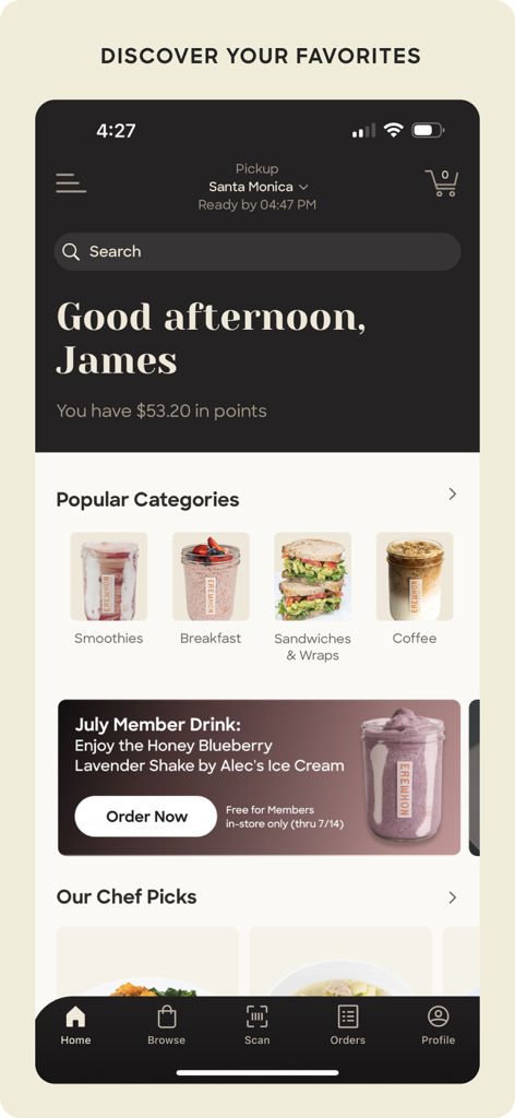 Erewhon - L'écran d'accueil de l'application mobile Erewhon montrant les catégories populaires et les récompenses membres.