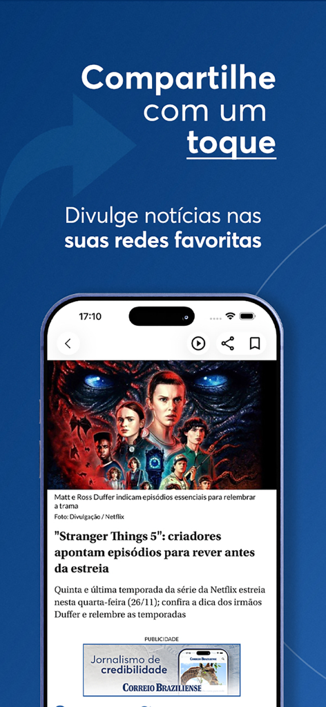 Correio Braziliense - Smartphone exibindo o aplicativo de notícias Correio Braziliense com um recurso para compartilhar artigos nas redes sociais