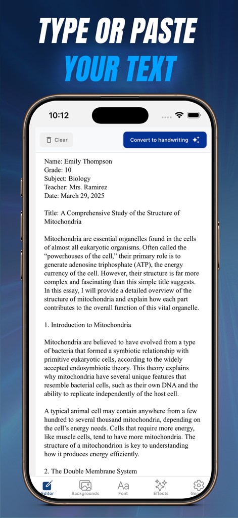 CursiveAI: Text to Handwriting - CursiveAI app interface showing a text editor with a biology essay ready for handwriting conversion