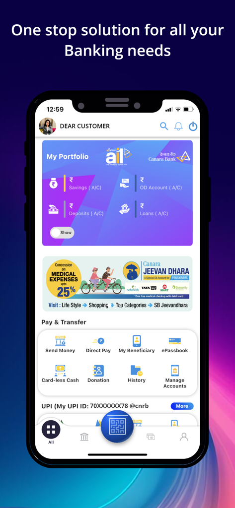 Canara ai1 mobile banking app dashboard displaying account portfolio and payment transfer services