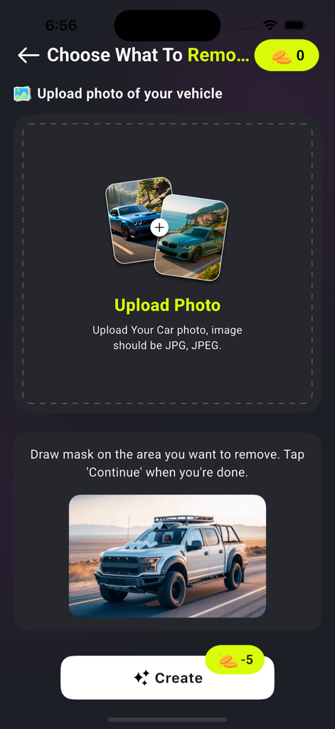 Interface for uploading vehicle photos and masking areas to remove for AI car modification.
