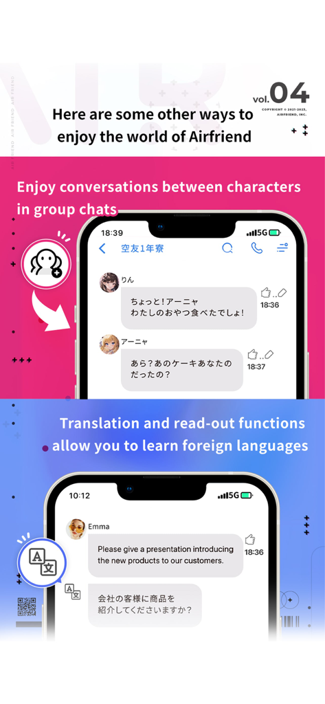 Airfriend: Real AI Characters - Airfriend app interface showing AI character group chats and translation features.