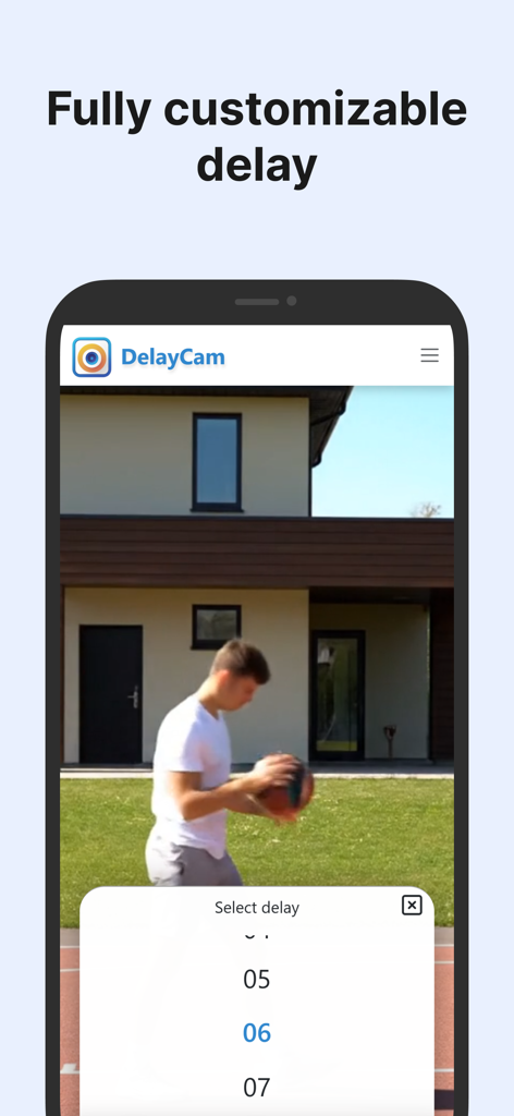 DelayCam - Interface do aplicativo DelayCam mostrando um usuário selecionando um tempo de atraso de vídeo para prática esportiva.