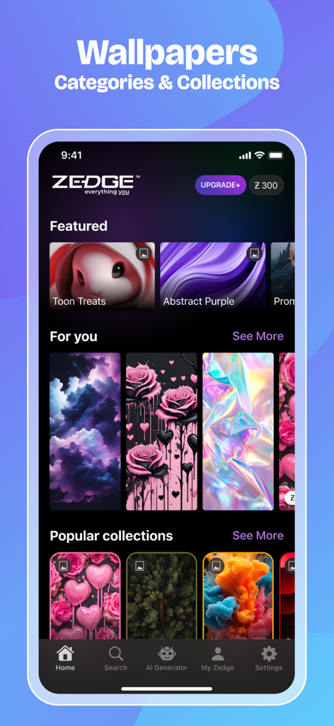 Interfaz de la aplicación Zedge que muestra diversas colecciones de fondos de pantalla y categorías como abstracto y floral.