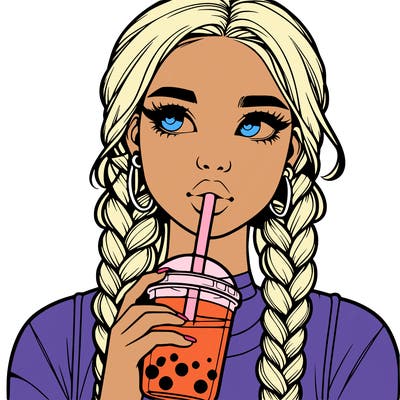 realistic girl with braided hair drinking boba
