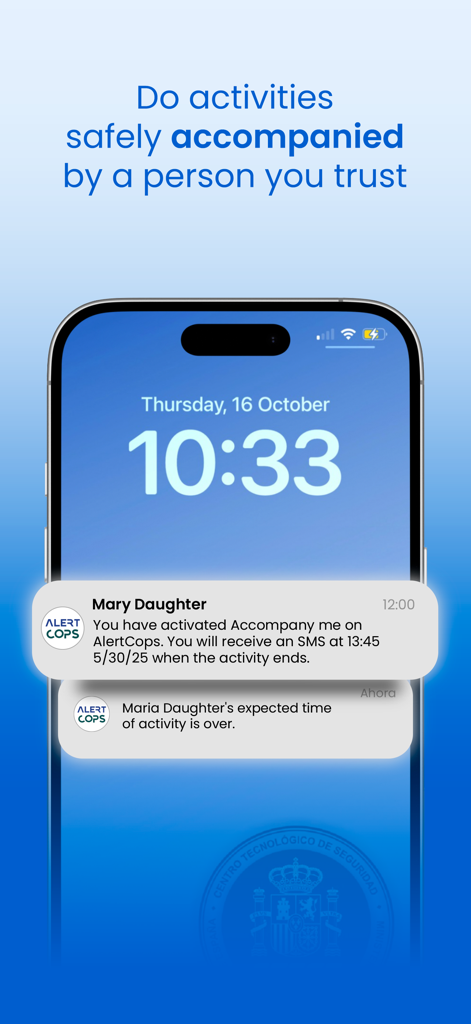 AlertCops mobile app notifications on a lock screen showing the Accompany Me safety tracking feature