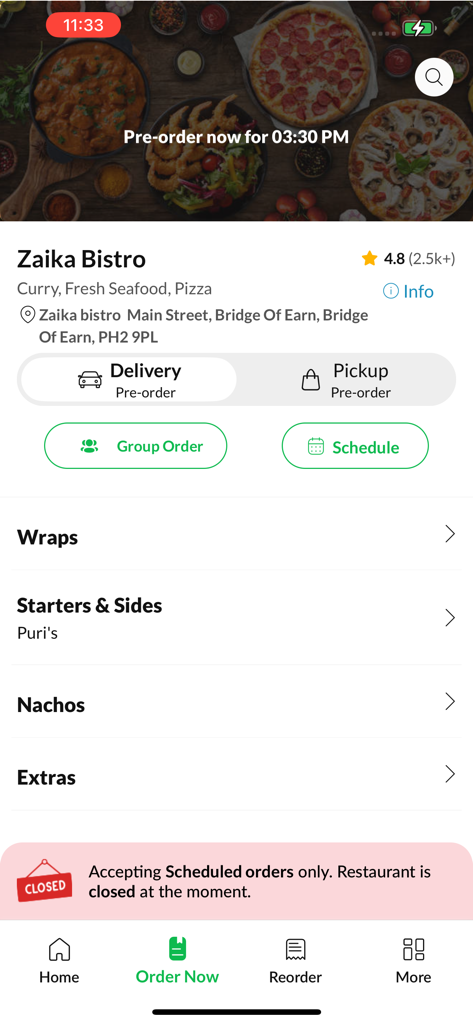 Zaika Bistro mobile app menu screen featuring wraps starters and pizza options