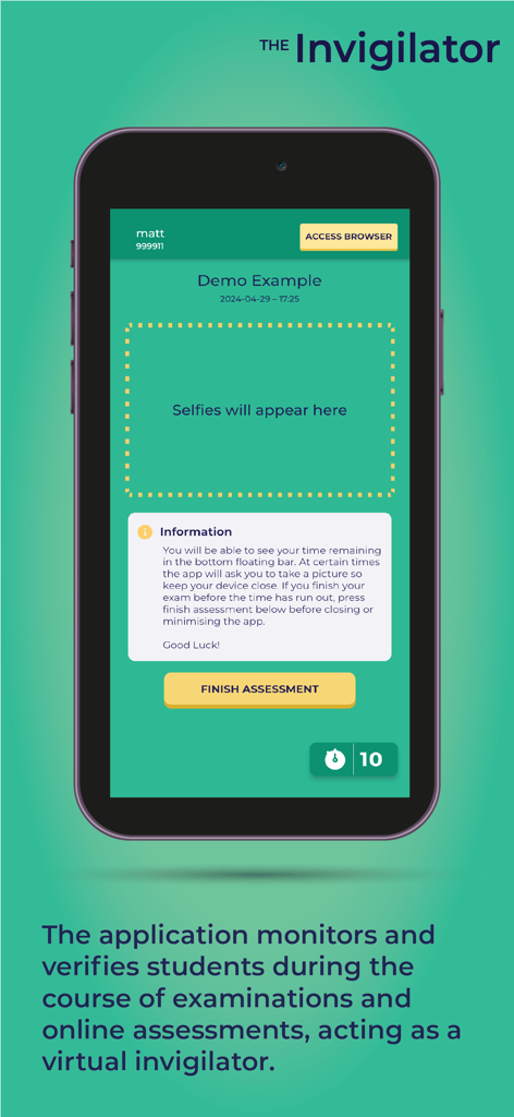 Interface de l'application The Invigilator montrant les fonctionnalités de vérification de l'étudiant et de surveillance de l'examen