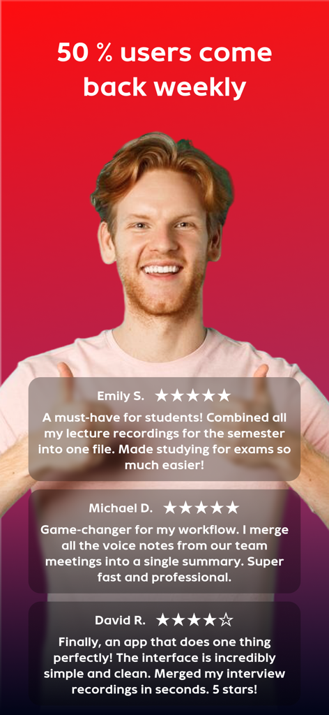 Merge Voice Memos : MemoMerger - A collection of positive user reviews for the MemoMerger app highlighting its utility for students and professionals.
