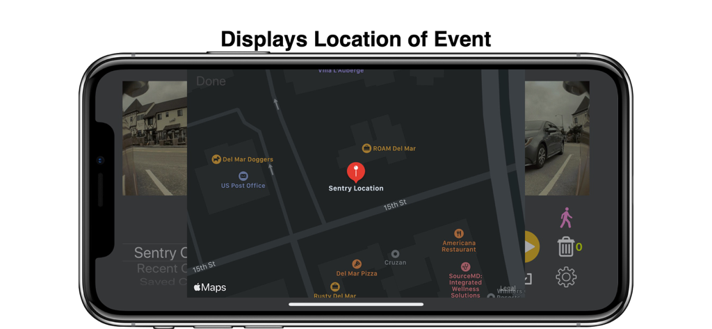 Localização do evento do Modo Sentry Tesla exibida em um mapa no SentryView