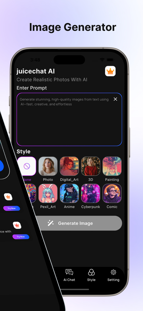 The image generator interface of the Juicy Chat AI app showing a text prompt input box and various art style selections like Anime and Cyberpunk.