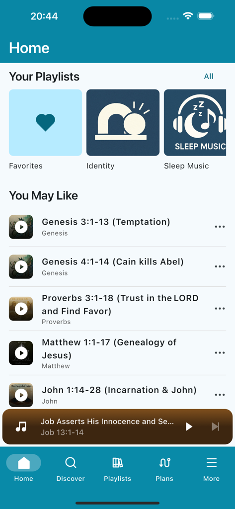Music Bible: Scripture Songs - Home screen of the Music Bible app showing scripture-based playlists and recommended songs