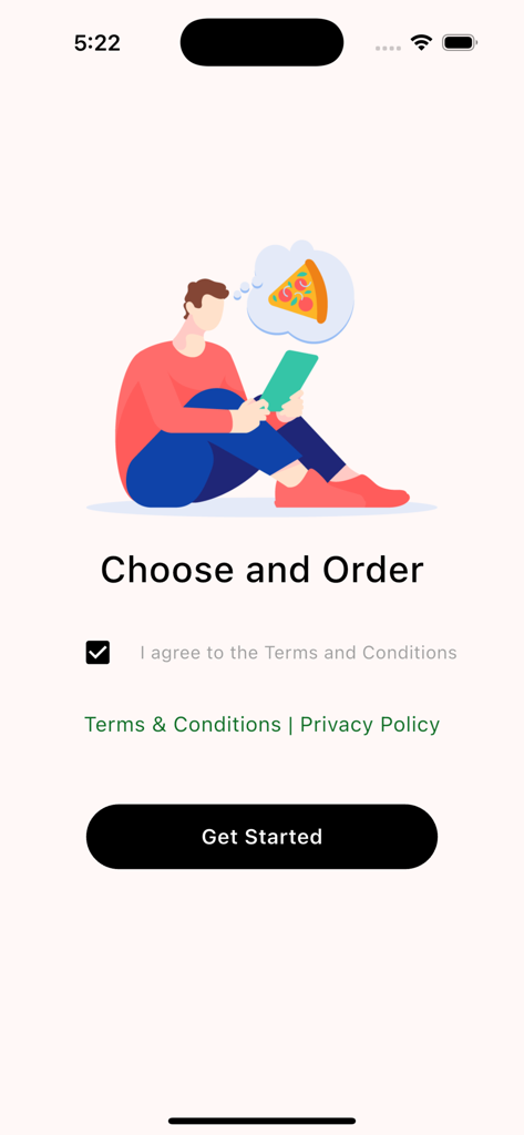 Friendship Restaurant - Schermata di benvenuto dell'app Friendship Restaurant con pulsante di avvio e illustrazione di una pizza
