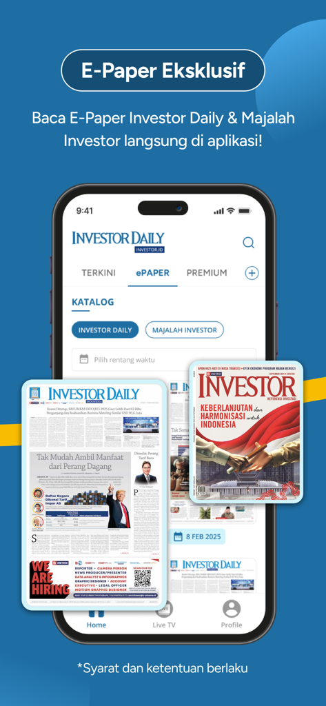 La aplicación móvil Investor Daily muestra el periódico electrónico exclusivo y el catálogo de revistas en la pantalla de un iPhone.