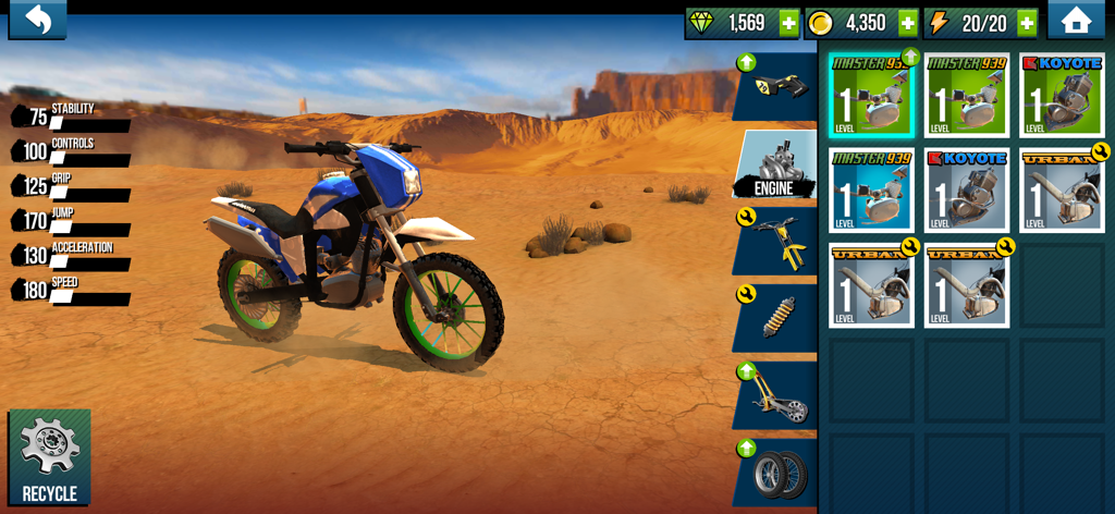 Trial Xtreme Legends - Menú del garaje de Trial Xtreme Legends mostrando estadísticas de rendimiento de la moto e inventario para la personalización de piezas del motor