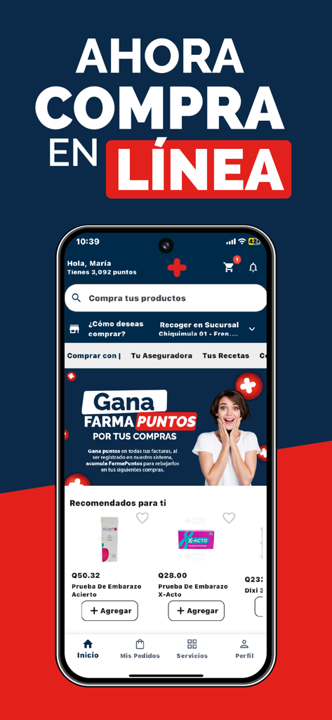 Farma Costo - Home screen of Farma Costo pharmacy app showing online shopping features and loyalty points in Spanish