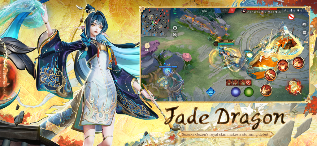 Personaje de Onmyoji Arena, Suzuka Gozen, con la skin Dragón de Jade y una captura de pantalla del juego de fondo.
