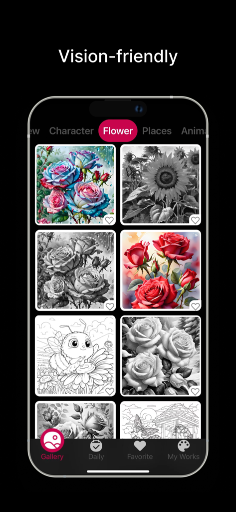 Cozy Color - Color By Number - Cozy Color app interface showing a vision friendly gallery of flower coloring pages including roses and sunflowers