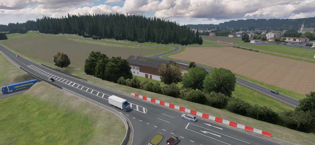 Vue aérienne d'un échangeur autoroutier avec des camions et des voitures traversant un paysage de campagne réaliste