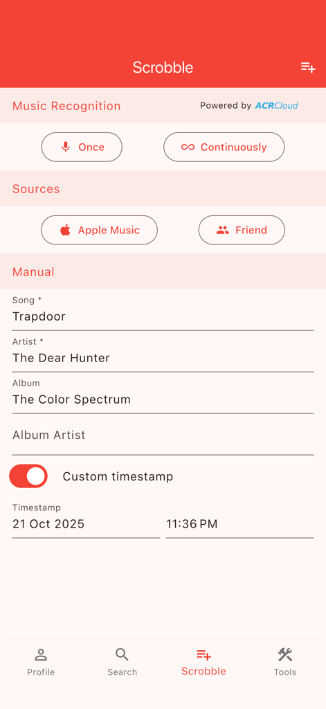 Finale for Last.fm - Interface of the Finale for Last.fm app showing manual scrobble entry form and music recognition buttons