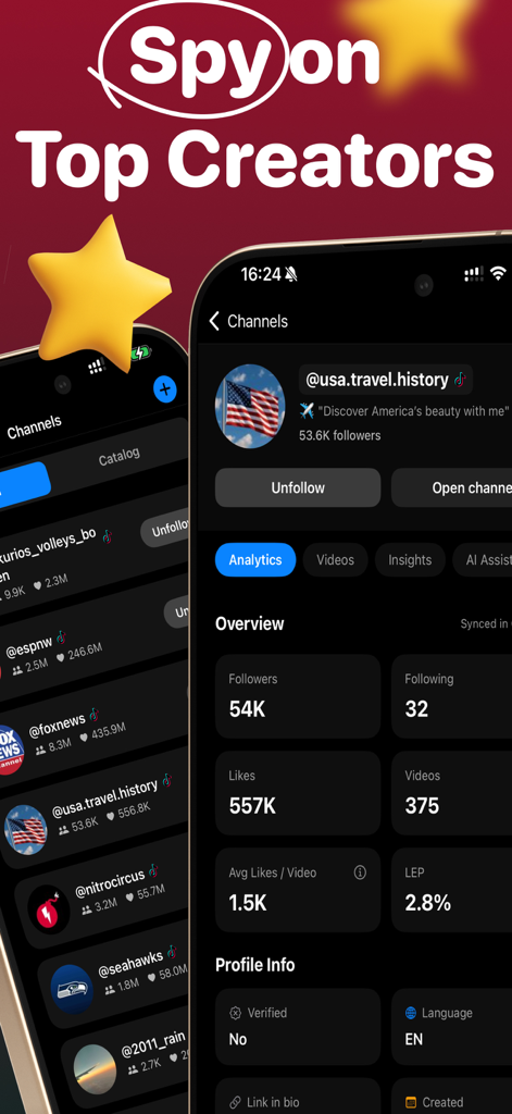 Trendsee: Go Viral - Trendsee app interface showing detailed social media analytics and metrics for top content creators