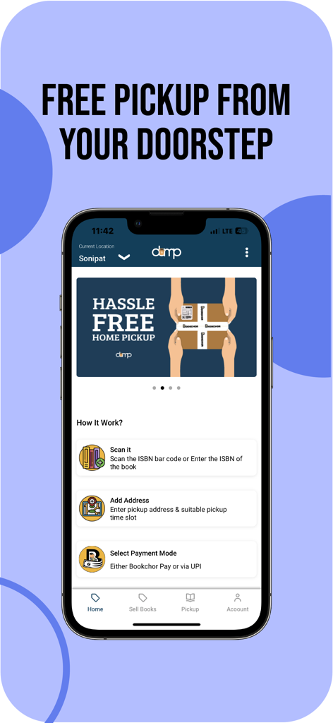 DUMP app screen showing free doorstep pickup for selling used books
