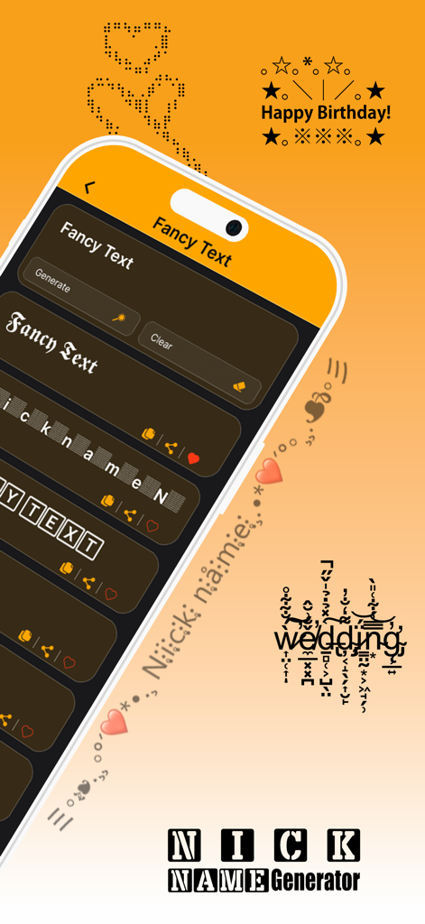 Nickname generator: Name Style - Mobile app interface for generating fancy text styles and decorative nicknames with ASCII art.