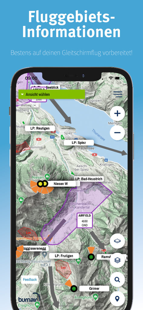 burnair Map - Screenshot of the burnair Map app showing detailed paragliding flight area information and landing sites on a topographic mountain map.