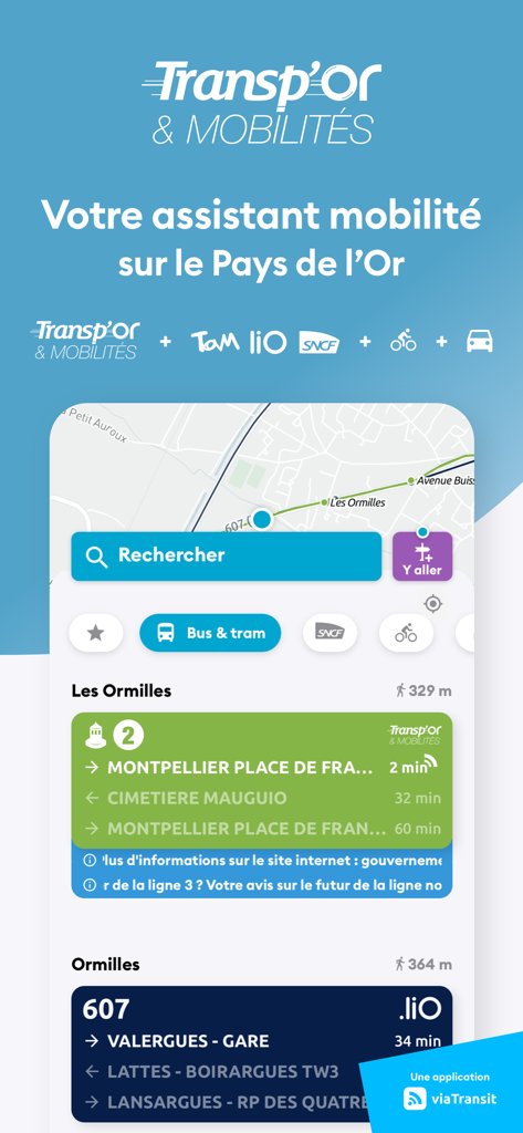 Transp'Or & Mobilités - Transp Or and Mobilites app home screen showing map and real time bus schedules