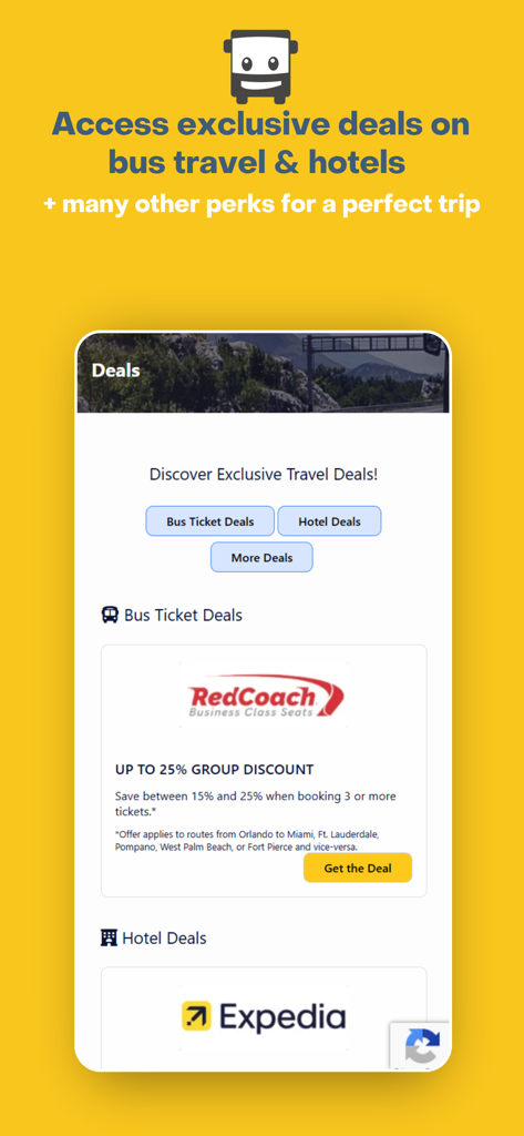 CheckMyBus app screen displaying exclusive discounts for bus tickets and hotels.