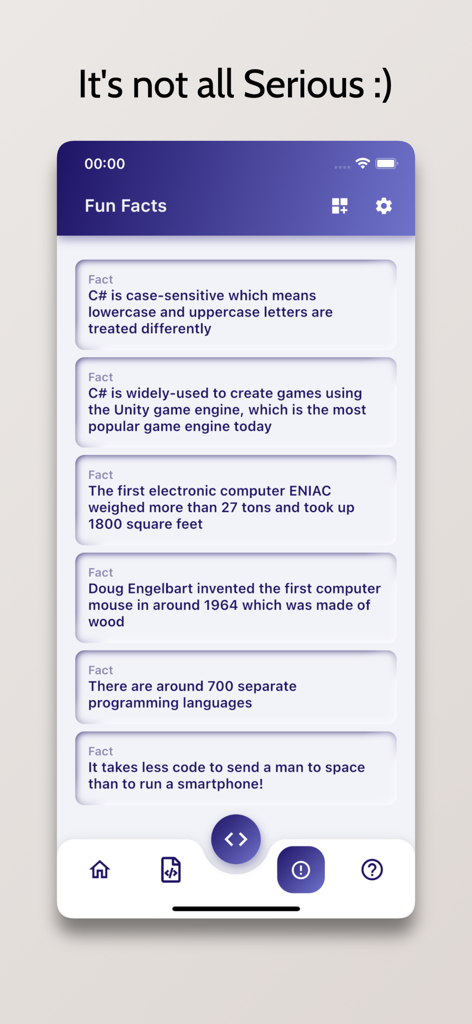 C# Compiler - Run .cs Code - A list of trivia and fun facts about C sharp and programming within the mobile IDE.