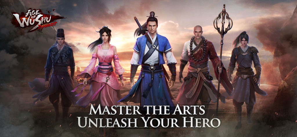 Cinco personajes de artes marciales de Age of Wushu Dynasty con el eslogan Domina las artes, libera a tu héroe