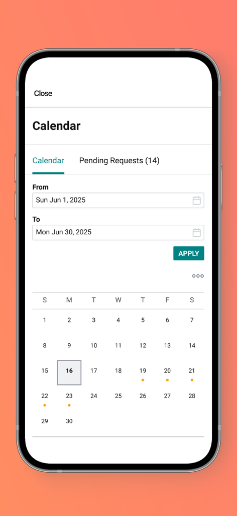 Payworks Self Service - Interface do aplicativo Payworks Self Service mostrando um calendário de trabalho mensal com turnos agendados e solicitações pendentes